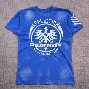 Y2K Affliction T Shirt Men Large Blue Cyber Grunge Distressed Skater Embroidered